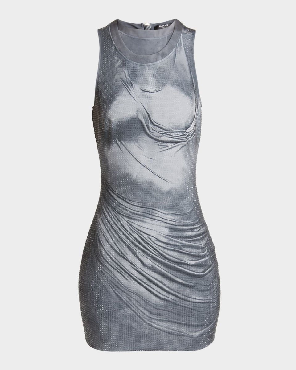 Draped Trompe Loeil Strass Metallic Mini Dress